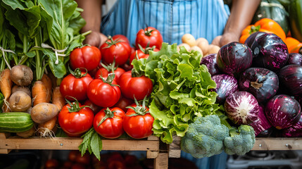 A woman is browsing a display of fresh vegetables at the greengrocer, including leafy greens, plum tomatoes, and other natural whole foods for her staple ingredient