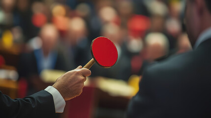 Auction house filled with enthusiastic bidders raising paddles in competitive bidding environment, showcasing the excitement and dynamics of auction culture.