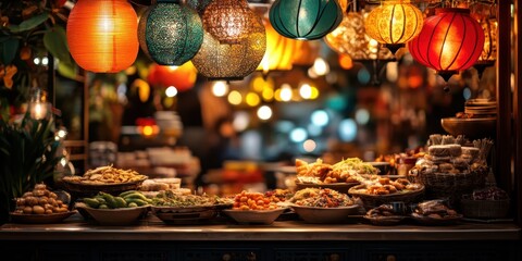 A bustling night bazaar in Chiang Mai, Thailand, with stalls selling handcrafted goods, traditional food, and vibrant lanterns lighting the scene. 