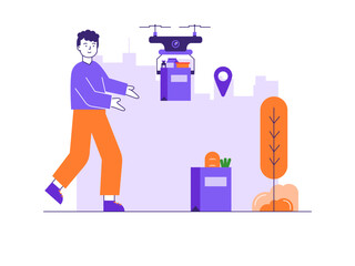 Woman receiving food delivery via drone. Online food illustration. Flat vector illustrations