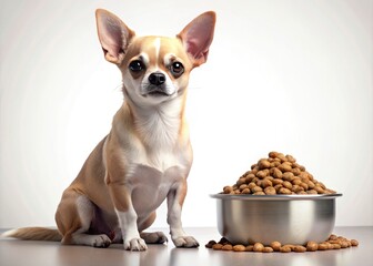 Close-up of a cute Chihuahua happily eating from a dog bowl.  Perfect stock photo for pet food or accessories.