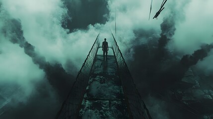 Fototapeta premium Fear on a Narrow Bridge Over an Abyss