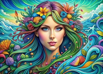 Naklejka premium Color this illustration of a trendy woman with algae-inspired hair, a splash of urban style.