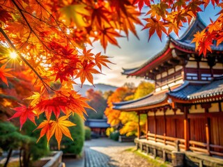 Crimson and gold leaves canopy above, a breathtaking autumn spectacle in a Kyoto temple.