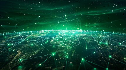 Fototapeta premium Global Network Connectivity: A Green Illuminated Earth Map