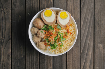 Mie bakso is an Indonesian noodle soup dish consists of bakso meatballs served with yellow noodles...