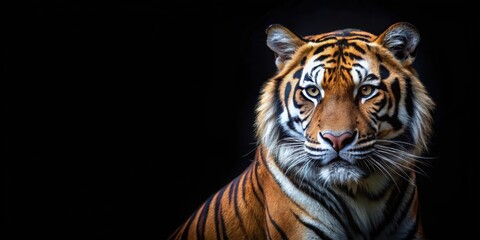 Fototapeta premium Minimalist photo of a tiger on a black background, tiger, minimalist, photography, black background, wildlife
