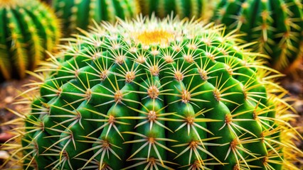 Obraz premium Close up of a vibrant green barrel cactus plant with sharp spines, Cactus, Barrel cactus, Green, Plant, Succulent, Desert