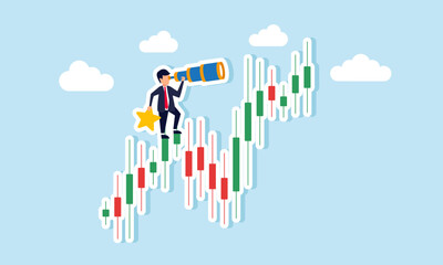 A businessman observes through a telescope atop a stock chart holding a star, illustration of monitoring and analyzing business performance to ensure quality improvement