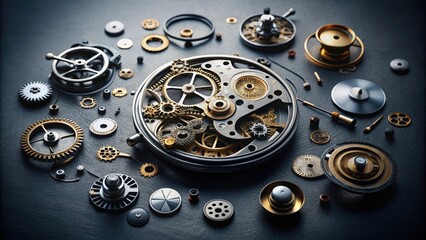 Intricate exploded view of mechanical watch components on dark background , watch, mechanical, intricate