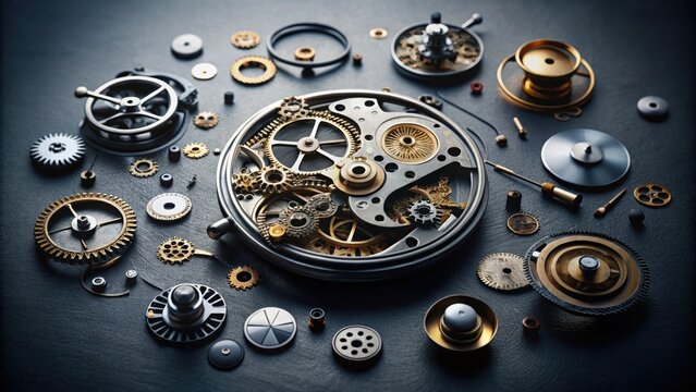 Intricate exploded view of mechanical watch components on dark background , watch, mechanical, intricate