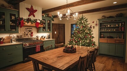 Cozy festive kitchen with an empty wooden table, a beautifully decorated Christmas tree, and twinkling lights in the background, perfect for holiday gatherings, family 