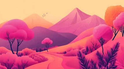 Fotobehang Digital illustration of a tranquil pink mountain landscape at sunset with vibrant colors create a serene atmosphere. © aseenz