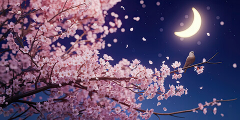 Serene Night Pink Cherry Blossoms Bird Moon