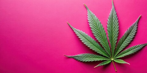Bright pink background with a detailed close-up of a hemp or cannabis leaf, hemp, cannabis, marijuana, CBD, plant, natural