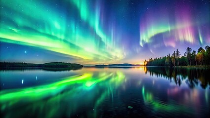 Northern lights shimmering on a serene lake surface , aurora borealis, reflection, nature, celestial, night sky, colorful, scenic