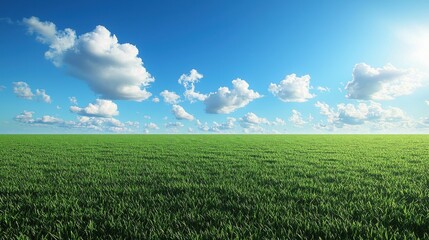 Summer sky with bright blue tones and fluffy clouds over lush green field nature landscape tranquil viewpoint
