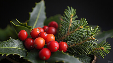 Holly leaves and red berries arranged in a festive display for the holidays. 