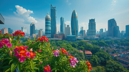 A vibrant city skyline framed by colorful flowers and greenery under a clear blue sky.