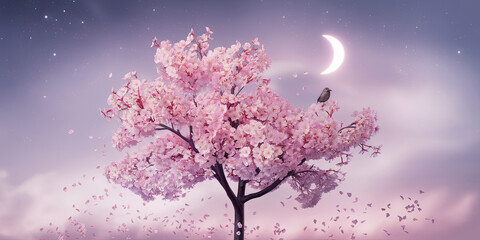 Serene Pink Cherry Blossom Tree Night Scene with Bird and Moon
