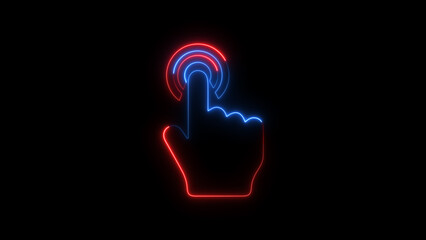 Neon and Glowing hand click icon. Click with hand cursor. mouse tap sign.