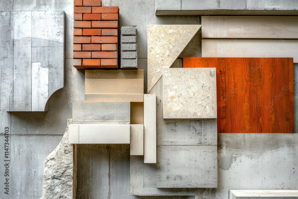 Poster construction materials display featuring bricks, wood, and concrete blocks in a modern arrangement. 