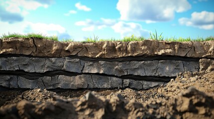 Detailed Cross-Section of Soil Layers with Cracks and Green Grass Under a Bright Sky, Illustrating Earth's Natural Composition and Texture