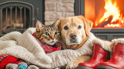 Cozy scene of dog and cat snuggled together in warm blanket by fireplace, radiating warmth and comfort. Perfect for winter vibes and pet lovers