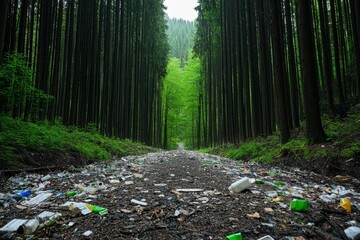 Littered Forest Pathway Surrounded by Tall Trees Highlighting Environmental Pollution and Human Impact on Nature's Beauty in a Serene Landscape