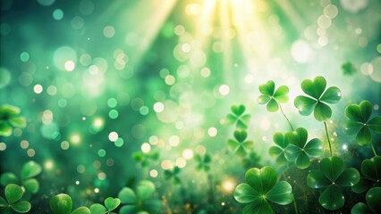 Fototapeta premium Dreamy Saint Patrick's Day background with green four leaf clovers and blurred bokeh, luck, shamrock, celebration