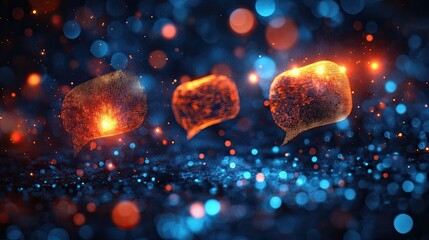 Creative GPT chat hologram with speech bubbles on a blurred blue background, representing the concept of artificial intelligence and natural language processing, showcasing advanced