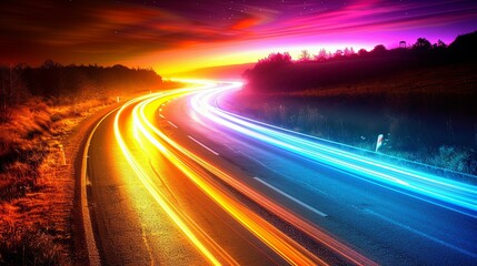 Vibrant Light Trails on a Winding Night Road Under a Colorful Sky