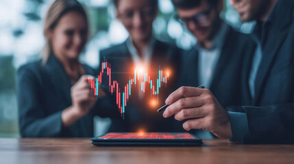 Business professionals analyzing financial data on tablet, showcasing teamwork and strategy in modern office environment. focus is on digital graph representing market trends
