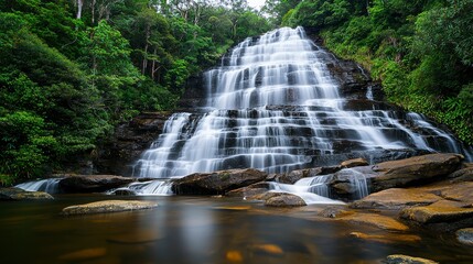 Majestic waterfall cascading down rocky terrain surrounded by lush green forest in serene natural landscape capturing the beauty of untouched wilderness