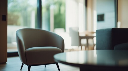 Minimalist living room with modern furniture. Featuring a neutral color palette and spacious design