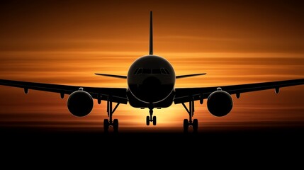 Obraz premium Airplane in flight, a stunning sunset silhouette against the colorful sky