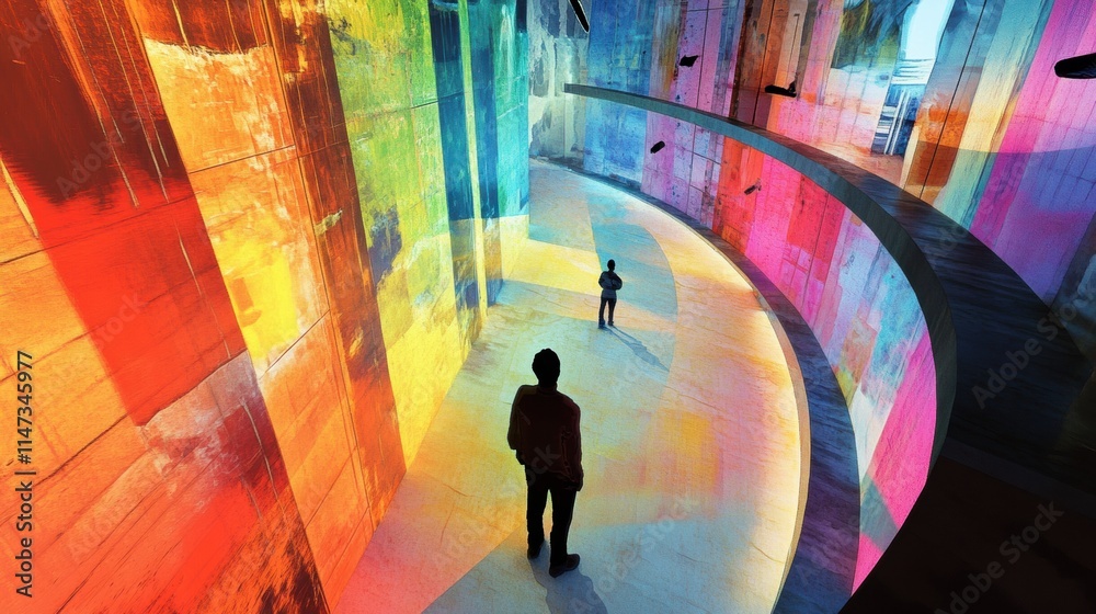 Poster visitors explore a digital gallery filled with colorful virtual artworks, experiencing an engaging a