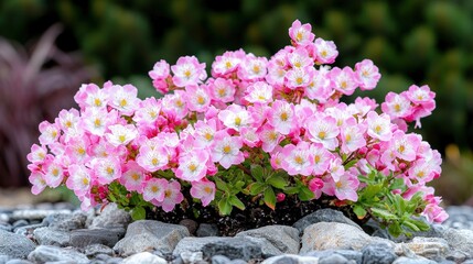 Fototapeta premium Pink flowers blooming in a rock garden.