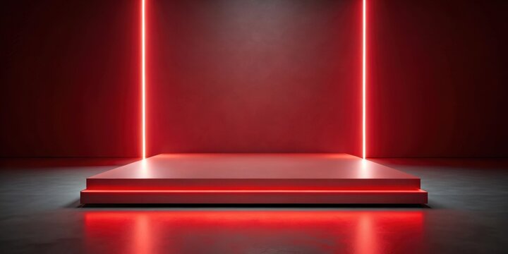Red platform with glowing light in a rendered room, platform, red, glowing, light,rendered, room, design, modern