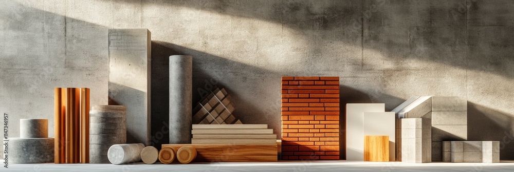 Aufkleber variety of construction materials displayed in a well lit space with ample copy space for design pur