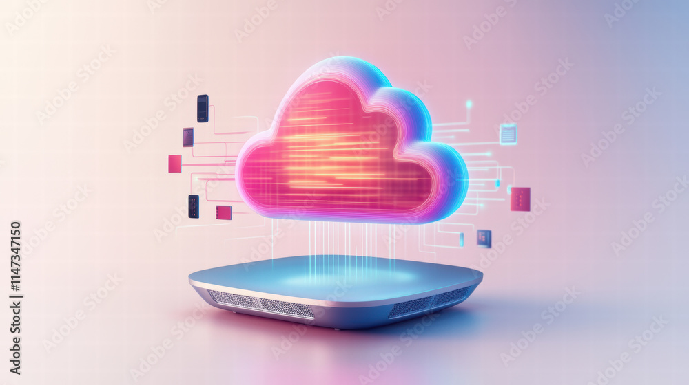 Poster hyperrealistic smart router projecting colorful cloud with data streams, symbolizing cloud computing