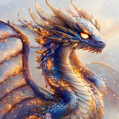 Majestic Blue Dragon with Shimmering Scales and Fiery Eyes Soaring Through a Dreamy Fantasy Landscape Filled with Sparkles and Soft Light