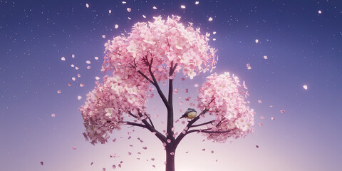 Obraz premium Serene Pink Blossom Tree Bird Falling Petals Spring Nature