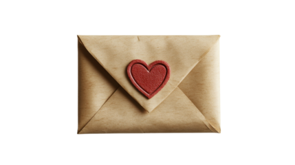 Vintage Style Love Letter with Heart Seal in Brown Envelope on White Background, Symbolizing Romance, Communication, and Affection for Creative Projects and Celebrations