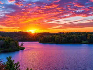 Naklejka premium Vibrant sunset over a tranquil lake surrounded by lush green trees, vibrant, nature, scenic