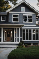 Two-story gray house with white trim, featuring a covered front porch, multiple windows, and a paved walkway.  Landscaping is visible in the foreground.