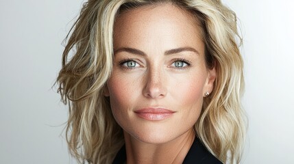 Fototapeta premium Close-up portrait of a beautiful blonde woman with wavy hair and subtle makeup.