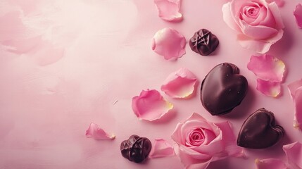 Fototapeta premium Romantic Arrangement of Pink Roses and Dark Chocolate Hearts