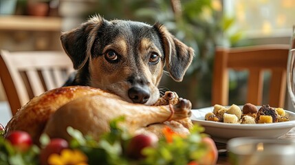 Dog stealing Thanksgiving turkey from the table,  humor and mischief to the holiday theme, illustrating the playful side of pets and their love for holiday food in a lighthearted and relatable scene.