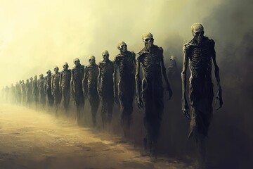 Fototapeta premium Skeletal figures walk desolate, dusty landscape.